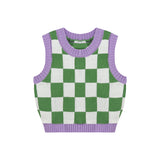 Gilet Sans Manche Tricoté Style Damier Vert Blanc Violet Haseul Loona