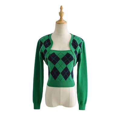 Ensemble Top Vert Crop Top Cardigan Motif Diamant Seulgi Red Velvet Mode