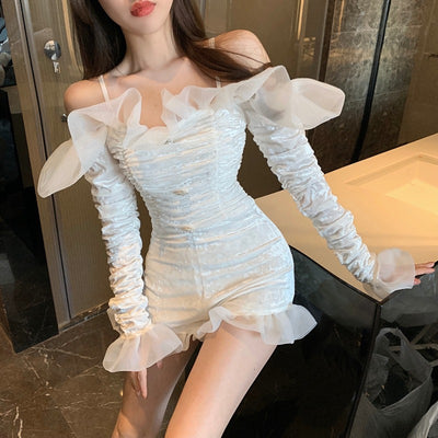 Robe Bustier Blanche à Volants Plissée NingNing Aespa SMCU Express Live
