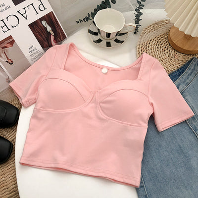 Crop Top Manches Courtes Coutures Apparentes Joy Red Velvet Mode Femme