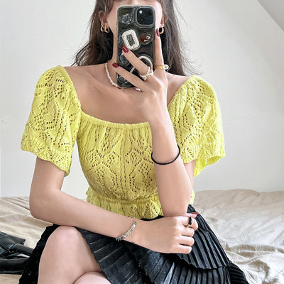 Crop Top Tricot Jaune Manches et Col Ample Youngeun Kep1er Mode Kpop