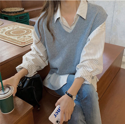 Ensemble Pull Ample Gilet Gris et Chemise Lisa BlackPink Mode Quotidien