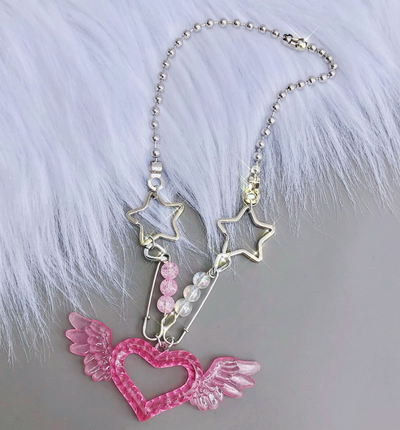 Collier Pendentif Rose Coeur Ailes et Etoiles Mignon Hikaru Kep1er Kpop