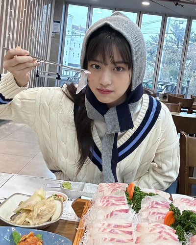 Bonnet Echarpe Bicolor Gris Bande Bleu Marine Mignon Mode Hiver Yujin Ive