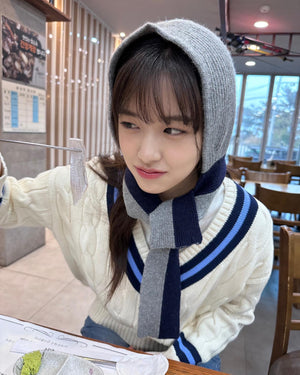 Bonnet Echarpe Bicolor Gris Bande Bleu Marine Mignon Mode Hiver Yujin Ive