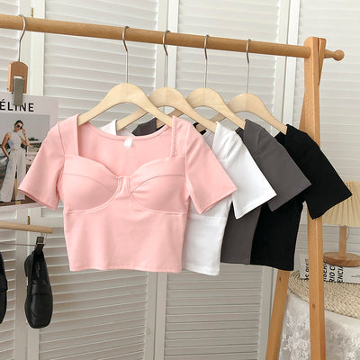 Crop Top Manches Courtes Coutures Apparentes Joy Red Velvet Mode Femme