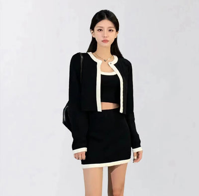 Ensemble Noir et Blanc Contrasté Veste Crop Top Jupe Jennie Olens Kpop