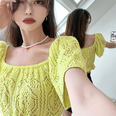 Crop Top Tricot Jaune Manches et Col Ample Youngeun Kep1er Mode Kpop