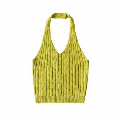 Haut Court Gilet Vert à Torsades Dos Nu Col Suspendu Sunmi Mode Femme