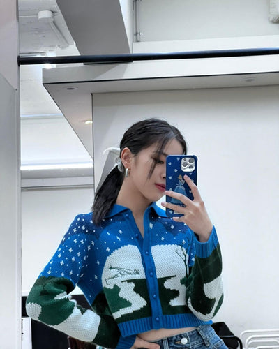 Cardigan Bleu Style Hiver Nuit Etoile Filante Ryujin Itzy Mode Coréenne