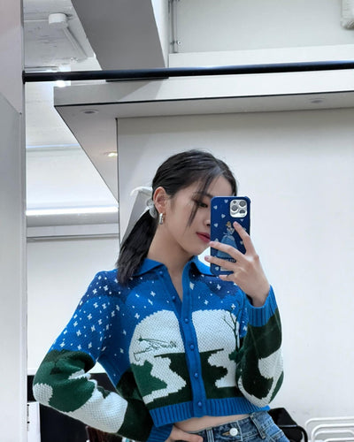 Cardigan Bleu Style Hiver Nuit Etoile Filante Ryujin Itzy Mode Coréenne