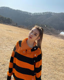 Cardigan Tricot Rayures Orange Noir Lia Itzy Mode K Pop