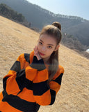 Cardigan Tricot Rayures Orange Noir Lia Itzy Mode K Pop