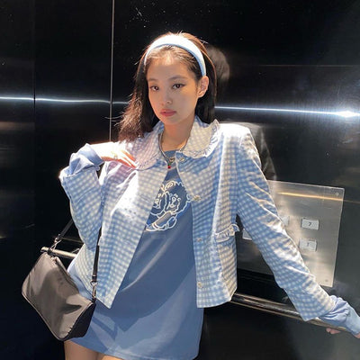 Chemise à Carreaux et Sweatshirt Bleu Ours Coeur Jennie Kim BlackPink