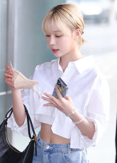 Chemise Crop Top Blanche Grande Poche Winter Aespa Mode Femme Aeroport