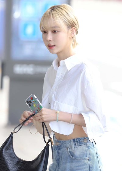 Chemise Crop Top Blanche Grande Poche Winter Aespa Mode Femme Aeroport