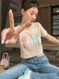 Crop Top Beige Fleurs Brodés Colorées Sakura Japon Mode Femme Kpop