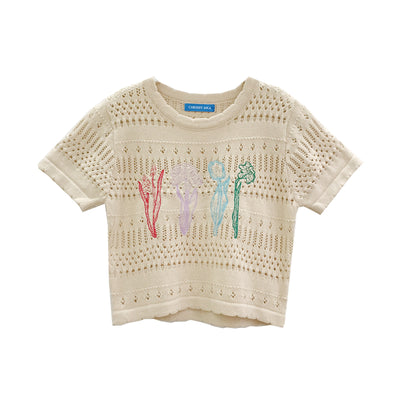 Crop Top Beige Fleurs Brodés Colorées Sakura Japon Mode Femme Kpop