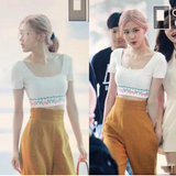 Crop Top Motif Broderie Roses Fleur Rosé BlackPink Quotidien Mode Aéroport