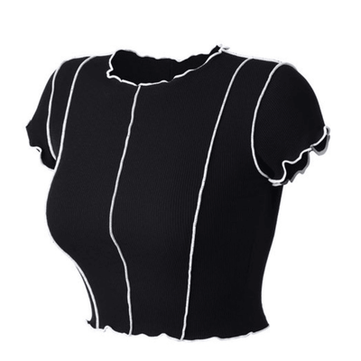 Crop Top Noir avec Coutures Blanches Chaewon LE SSERAFIM Inkigayo Kpop