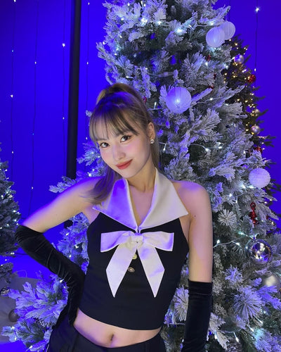 Crop Top Noir Noeud Col Blanc Momo Twice Doughnut Special Stage Kpop