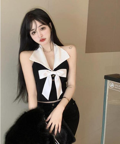 Crop Top Noir Noeud et Grand Col Blanc Rose Chaeyoung BlackPink Kpop