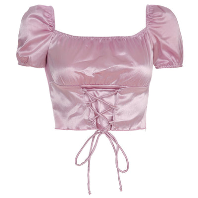 Crop Top Rose Satin Corset Lacet Blouse Courte YooA Oh My Girl Mode Kpop