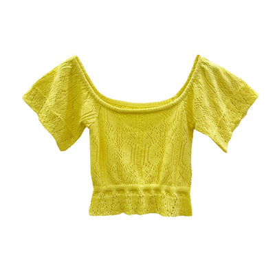 Crop Top Tricot Jaune Manches et Col Ample Youngeun Kep1er Mode Kpop