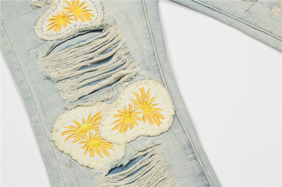 Jean Délavé avec Trous et Ecusson Fleurs Jaune Hongjoong ATEEZ Kpop