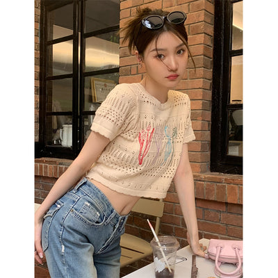 Crop Top Beige Fleurs Brodés Colorées Sakura Japon Mode Femme Kpop