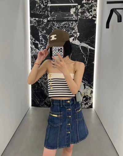 Crop Top Tube Marinière Rayures Bleu Marine Nayeon Twice Mode Kpop