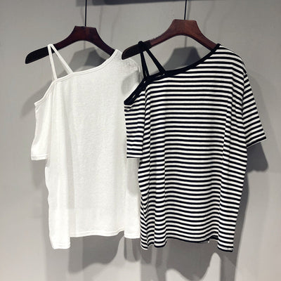 Haut rayé sexy Bretelle Epaule Nue Marinière Nayeon Twice Bubble Mode