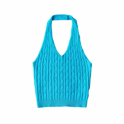 Haut Court Gilet Vert à Torsades Dos Nu Col Suspendu Sunmi Mode Femme