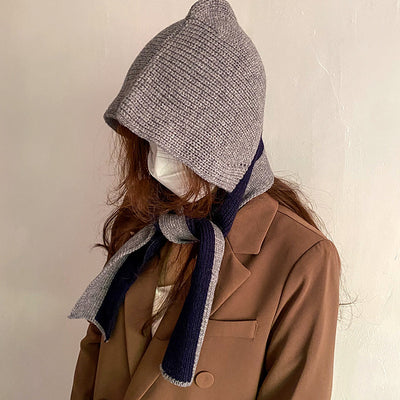 Bonnet Echarpe Bicolor Gris Bande Bleu Marine Mignon Mode Hiver Yujin Ive
