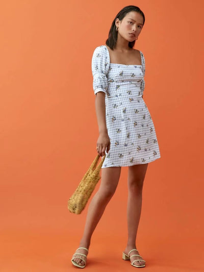 Robe Motif Carré Quadrillage et Fleur Manches Bouffantes Momo Twice Kpop