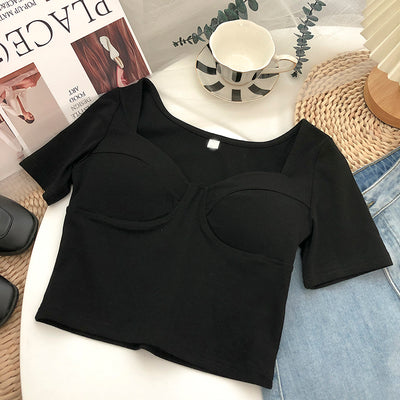 Crop Top Manches Courtes Coutures Apparentes Joy Red Velvet Mode Femme