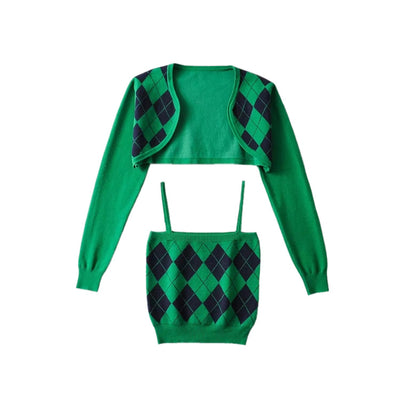 Ensemble Top Vert Crop Top Cardigan Motif Diamant Seulgi Red Velvet Mode