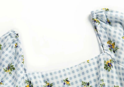 Robe Motif Carré Quadrillage et Fleur Manches Bouffantes Momo Twice Kpop