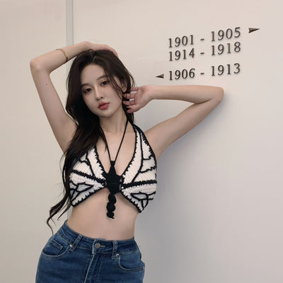 Crop Top Blanc Ailes Papillon Rayures Noires Ningning Aespa Coachella