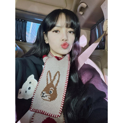 Écharpe tricotée courte en laine Hiver Coeur Tête de Lapin Lisa BlackPink Blinks