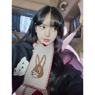 Écharpe tricotée courte en laine Hiver Coeur Tête de Lapin Lisa BlackPink Blinks