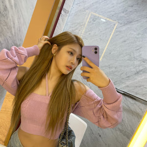 Ensemble Rose Crop Top et Boléro Cute NingNing Aespa Mode Coréenne Kpop