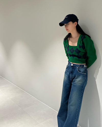 Ensemble Top Vert Crop Top Cardigan Motif Diamant Seulgi Red Velvet Mode