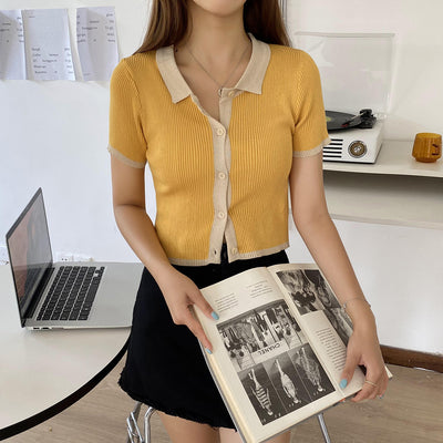 Polo Jaune Coutures blanches Manches Courtes Yena Mode Coreenne