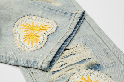 Jean Délavé avec Trous et Ecusson Fleurs Jaune Hongjoong ATEEZ Kpop