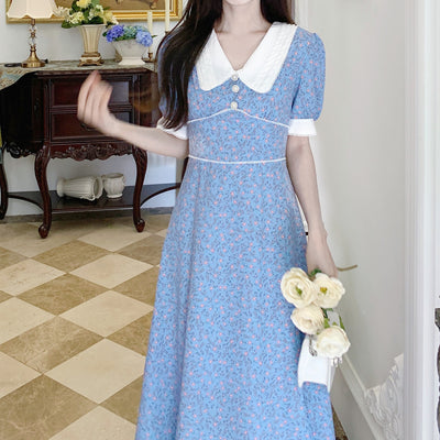 Robe Bleue Fleurs Col Blanc Dentelle Jennie BlackPink Fan Sign Born Pink Kpop