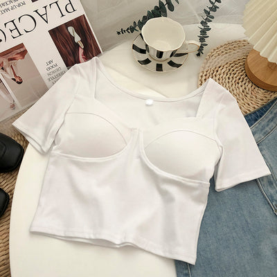 Crop Top Manches Courtes Coutures Apparentes Joy Red Velvet Mode Femme