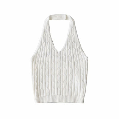 Haut Court Gilet Vert à Torsades Dos Nu Col Suspendu Sunmi Mode Femme