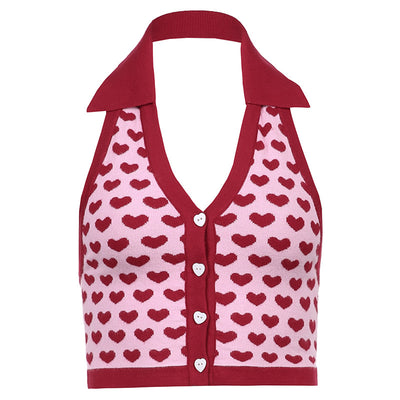 Gilet Rose Rouge Motif et Boutons Coeur Col Polo Yuna ITZY Mode Femme