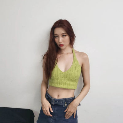 Haut Court Gilet Vert à Torsades Dos Nu Col Suspendu Sunmi Mode Femme